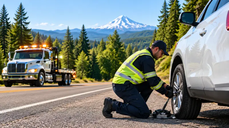 Roadside assistance technician changing a tire in Oregon