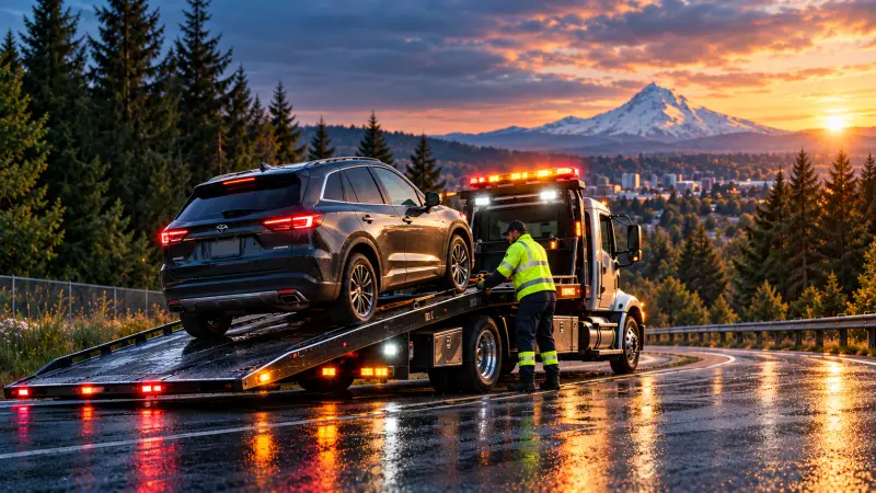 Tow truck operator loading an SUV on a wet Oregon road